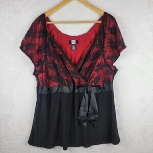 Whimsigoth 18 20W Knit Top Red Black Lace Bow Short Sleeve Dark Romantic Grunge